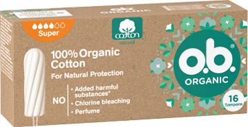 Přední strana balení o.b.® Organic Super s 16 kusy tamponů