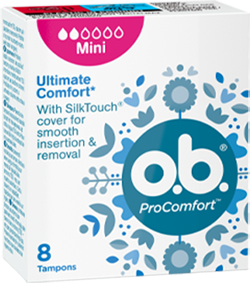 Přední strana balení o.b.® ProComfort Mini s 8 kusy tamponů